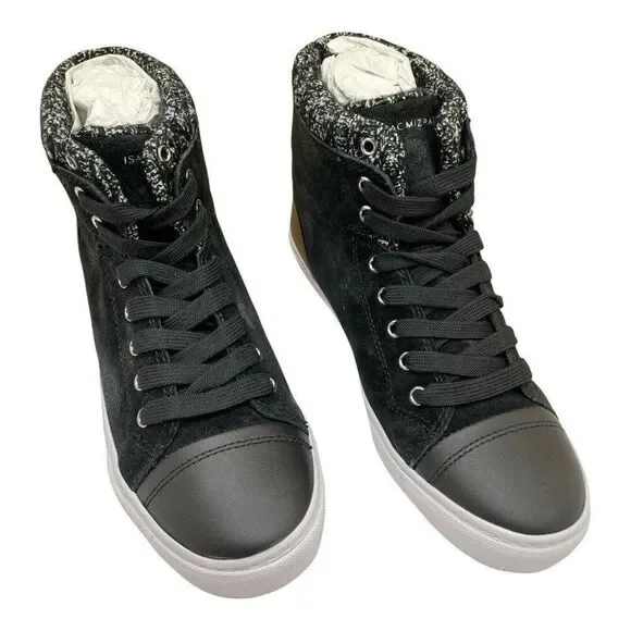 Isaac Mizrahi Sky Black Suede Soho Lily Knit Trim Lace Up Hi Top Sneakers 9 M - Picture 4 of 11